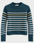 A dark teal knit sweater with horizontal white and mustard yellow stripes, featuring raglan sleeves and a ribbed crew neck, cuffs, and hem.
