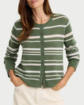 A woman wearing a green and white striped knit cardigan sweater with buttons, paired with cream-colored pants, standing against a plain light gray studio background.