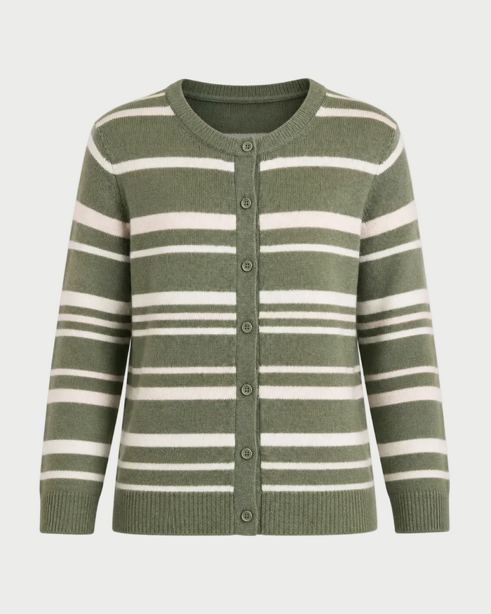 An olive green and cream striped cardigan sweater with a button-up front, displayed on a neutral light gray background.
