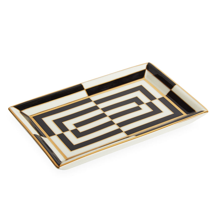op art rectangle tray porcelain black white accents gold - angle view