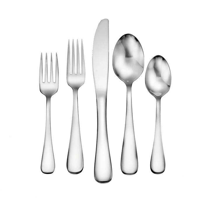 Top view of Patriot five-piece stainless steel place setting with mirror-polished finish on white background