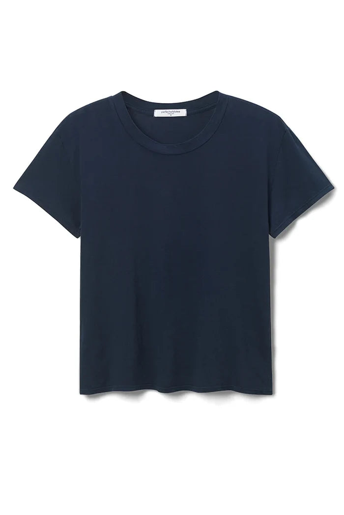 The perfectwhitetee Harley Boxy Crew in Black and White by perfectwhitetee is a short-sleeve, 100% cotton t-shirt with a crew neckline and no visible logos or patterns, shown laid flat on a white background.