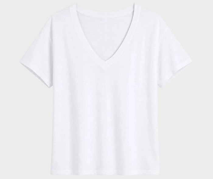 A white short-sleeve V-neck t-shirt displayed flat against a solid white background.