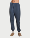 A person wearing slate blue jogger sweatpants with an elastic waistband and cuffs, paired with beige socks and tan slippers, shown against a light gray studio background.