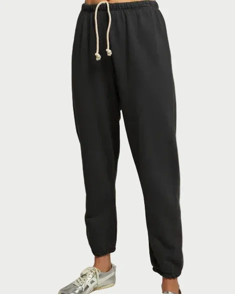 Black sweatpants worn by a person on a plain background