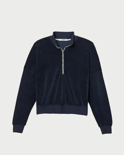 Navy blue quarter-zip sweater on a white background