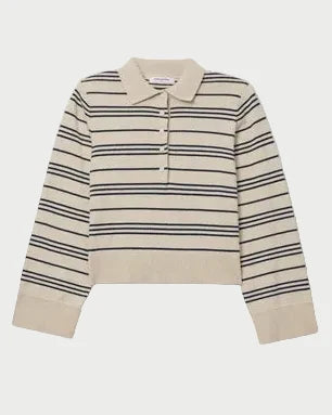 A cropped knit polo sweater with horizontal navy and beige stripes, featuring a three-button placket and ribbed cuffs and hem, displayed on a clean white background.