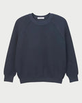 The Perfectwhitetee Ziggy Sweatshirt in navy by perfectwhitetee features a crewneck, long sleeves, and ribbed cuffs in an inside-out fleece style, shown on a white background.