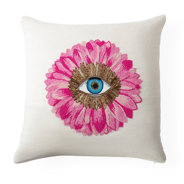 petals beaded pillow pink gold blue glass beads on linen - front view
