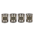 Four clear glass tumblers with a metallic gold and silver patterned design and the text 'PICK YOUR POISON' printed on the front, arranged in a row on a white background.