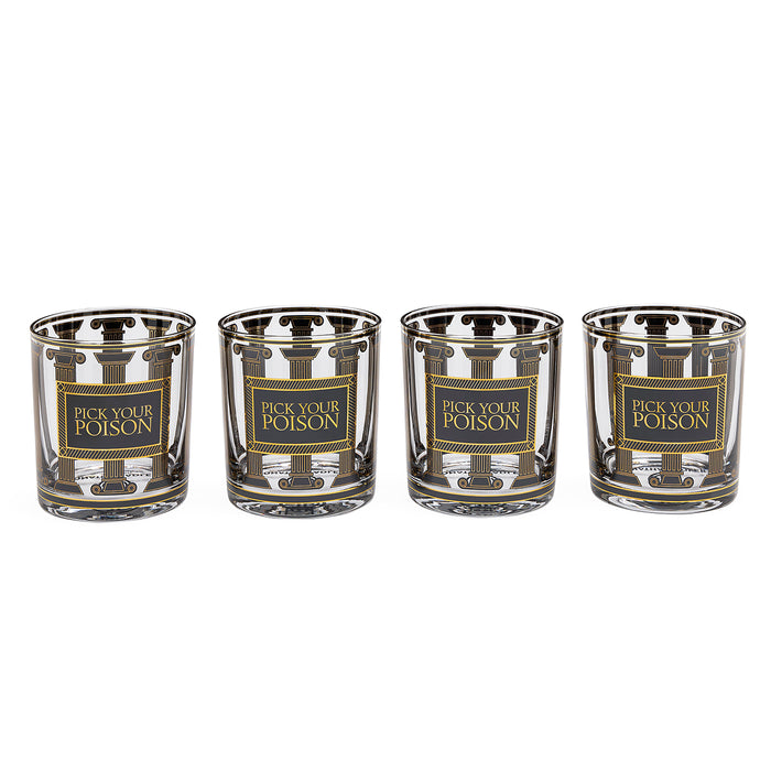 Four clear glass tumblers with a metallic gold and silver patterned design and the text 'PICK YOUR POISON' printed on the front, arranged in a row on a white background.