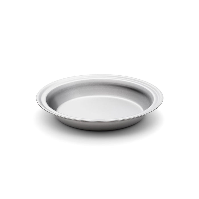 Front angled view of stainless steel Pie Pan showcasing its raised rim and shallow profile with a plain white background