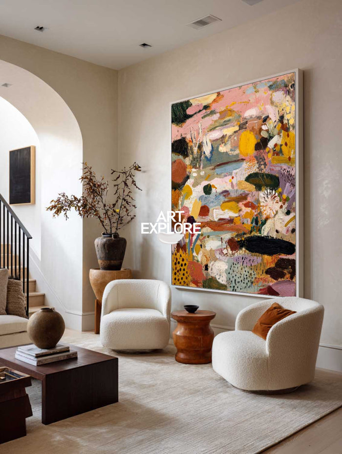 Modern Pink Landscape Artwork, Large Minimalist Textured Oil on Canvas ArtExplore