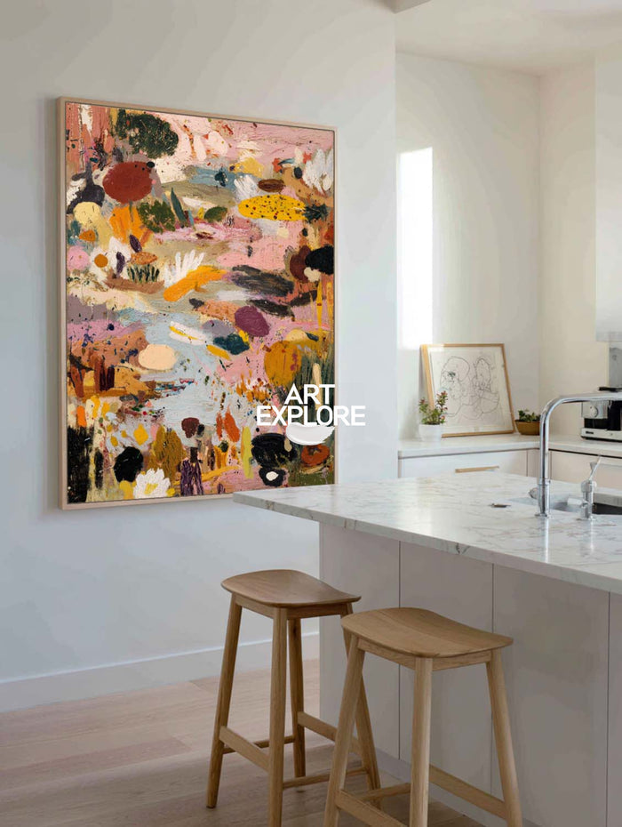 Pink Garden Landscape Wall Decor, Large Handmade Textured Minimalist Canvas ArtExplore
