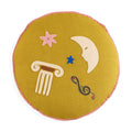 Round yellow fabric patch with celestial designs on a white background
