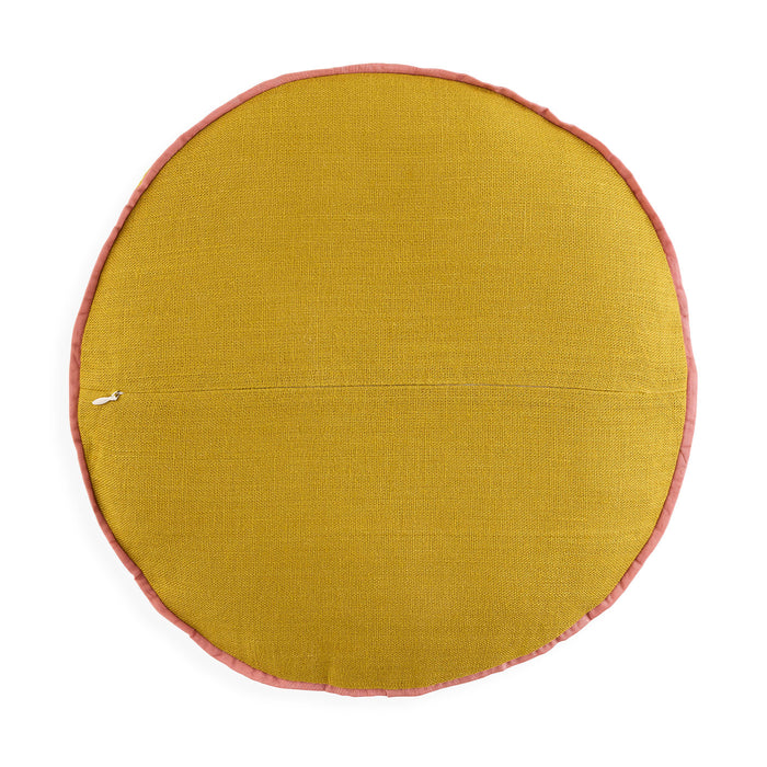 Round yellow mat with pink border on a white background