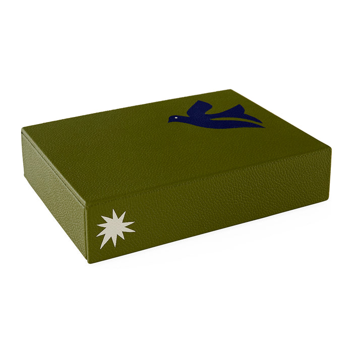Green box with a bird and star design on a white background