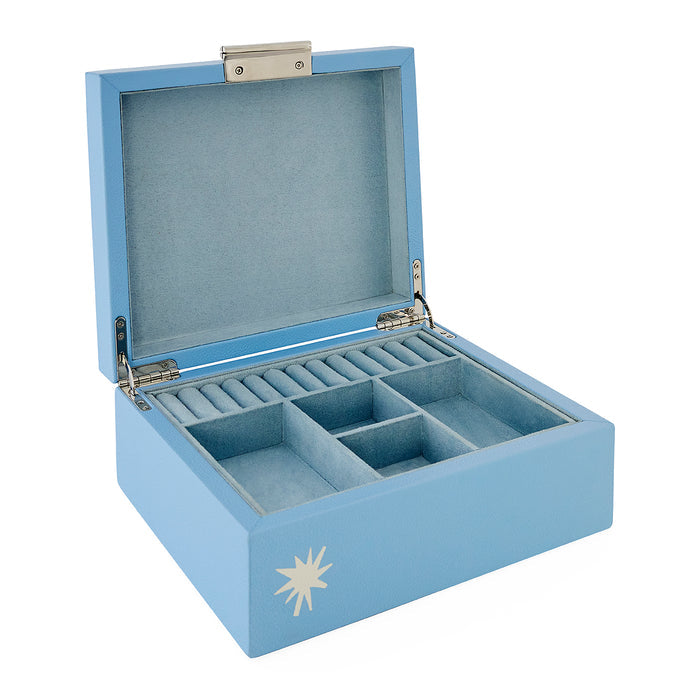 Blue jewelry box with compartments on a white background