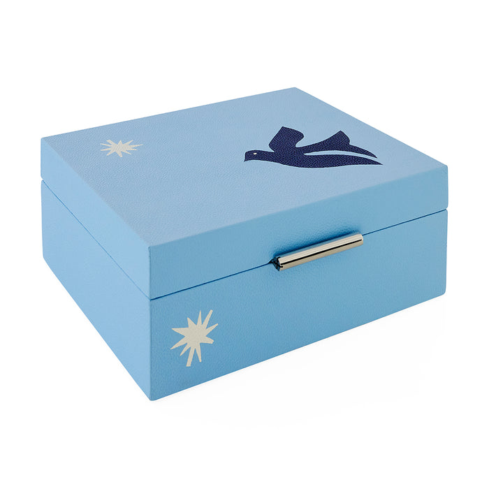 Light blue jewelry box with star and dove designs on a white background