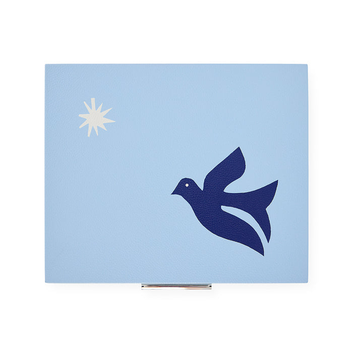 Light blue card with a navy bird and white star design on a white background