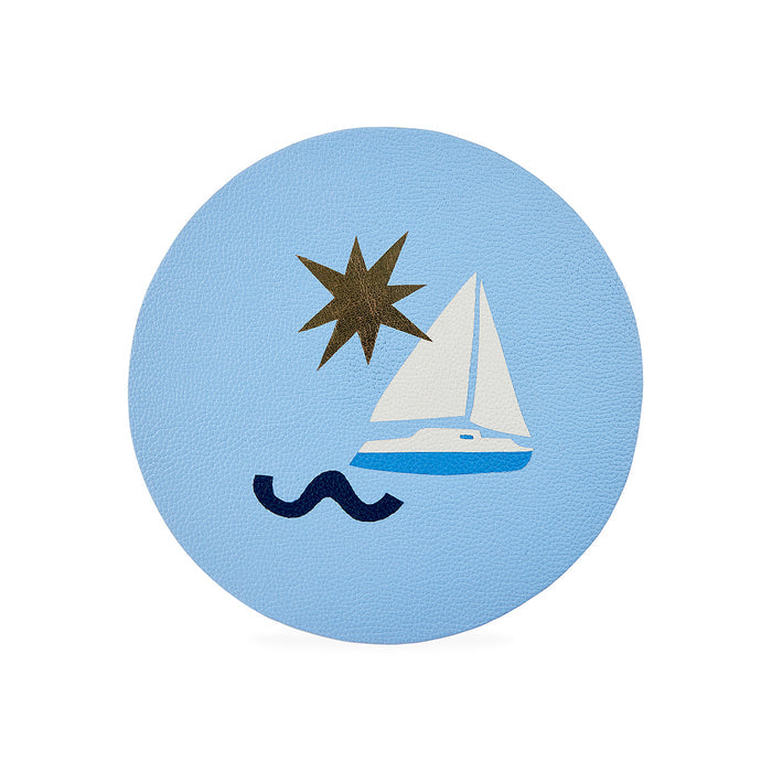 Round blue patch with a sailboat, star, and mustache design on a white background