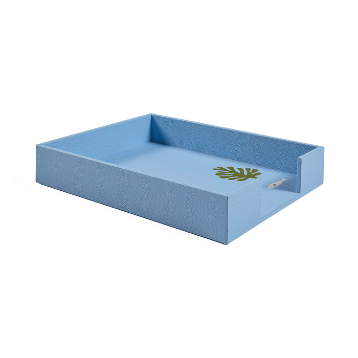 Blue rectangular tray with a gold leaf design on a white background