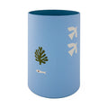 Blue cylindrical container with green leaf and white bird designs on a white background