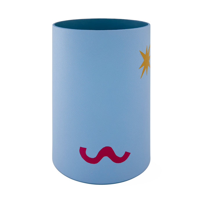Blue cylindrical container with a red mustache and yellow star design on a white background