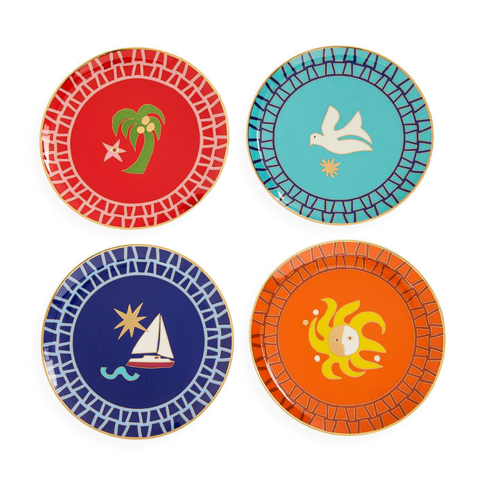 Four decorative plates with different designs on a white background