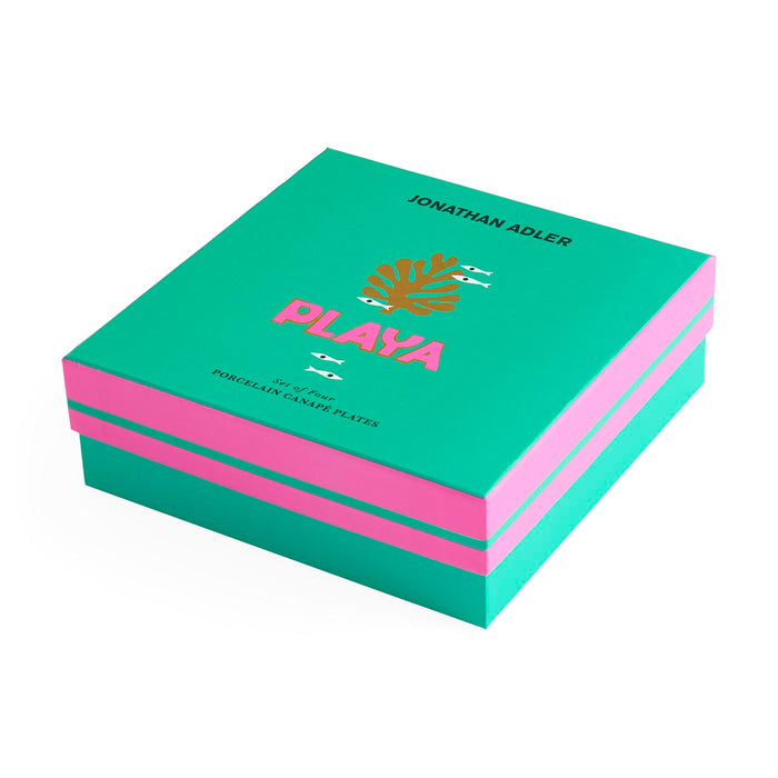 Green and pink box with 'Jonathan Adler Playa' branding on a white background