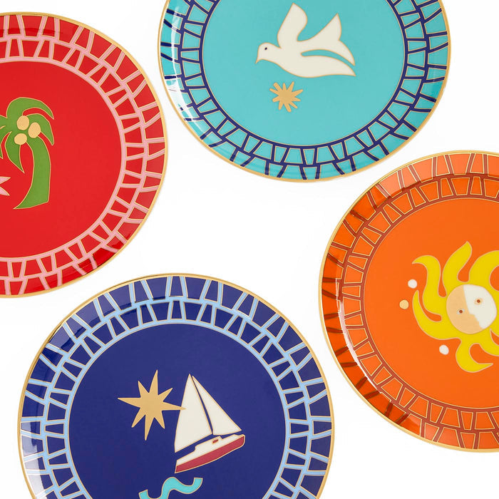 Four colorful plates with decorative designs on a white background