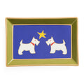 A rectangular ceramic serving tray with a gold-toned rim, featuring a blue center panel decorated with two white Scottie dogs facing each other under a yellow star.