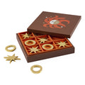 Wooden game set with gold pieces and decorative box on a white background