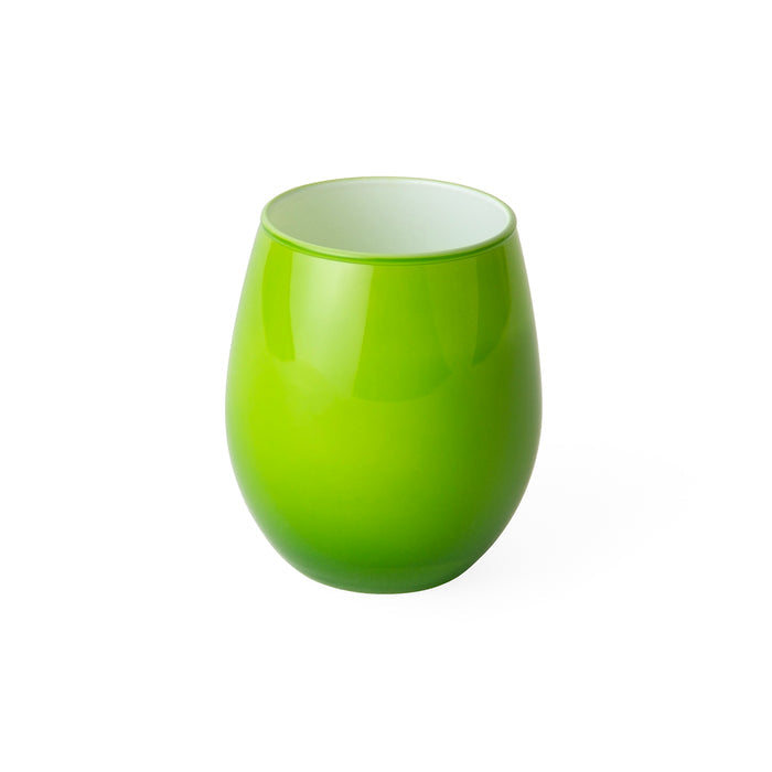 A bright green stemless wine glass with a glossy finish and a light green interior, shown on a plain white background.