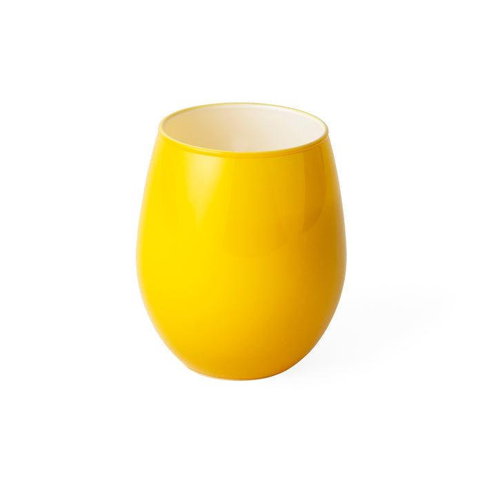 A bright yellow stemless wine glass with a glossy finish and a contrasting cream-colored interior, shown on a plain white background.