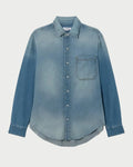 Blue denim shirt on a light gray background