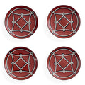Four round red coasters arranged in a 2x2 grid on a white background, each featuring a white geometric rope-knot design over a circular motif.