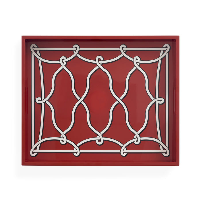 A square decorative wall art piece featuring a red background with a white interlocking geometric knot pattern, shown against a plain white background.