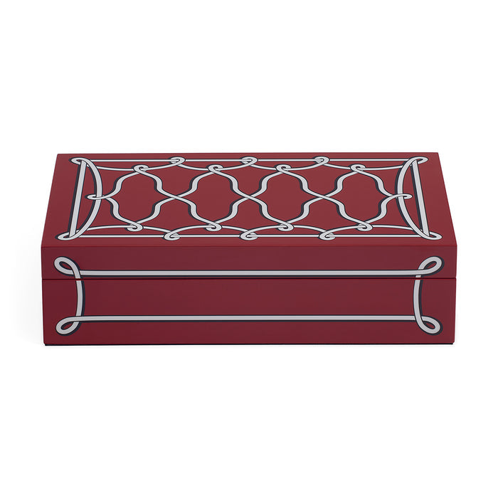 A rectangular red jewelry box with a silver trellis pattern on the lid, shown on a plain white background.