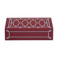 A rectangular red jewelry box with a silver trellis pattern on the lid, shown on a plain white background.