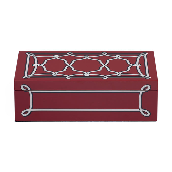A rectangular red jewelry box with a silver geometric lattice pattern on the lid and front, shown on a plain white background.