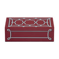 A rectangular red jewelry box with a silver geometric lattice pattern on the lid and front, shown on a plain white background.