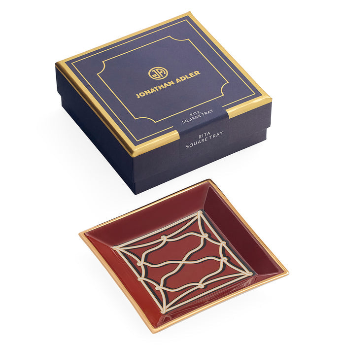 Jonathan Adler 24k Gold Square Tray shown with its navy blue and gold presentation box on a white background.