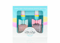 Rosey Ballerina Duo: A boxed set of two nail polishes, each adorned with a pink bow, designed for kids' safe and stylish mini-manicures.