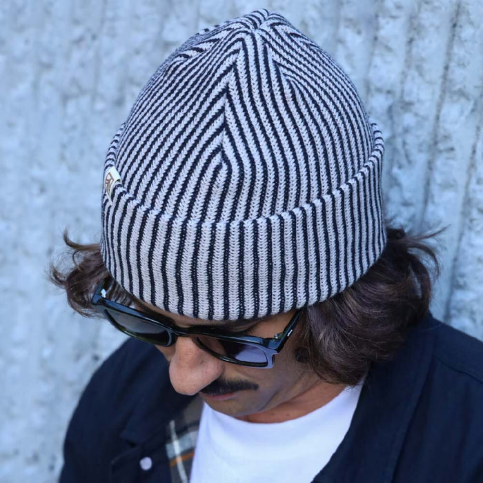 Rustek Recycled Cotton Stripe Beanie | Black/Khaki