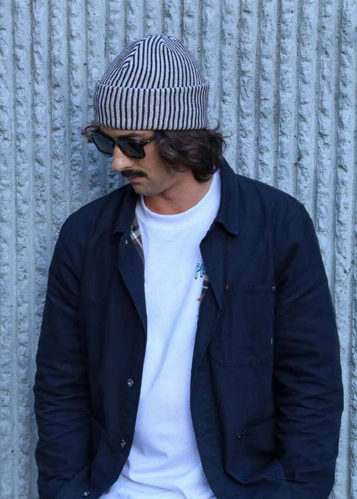 Rustek Recycled Cotton Stripe Beanie | Black/Khaki