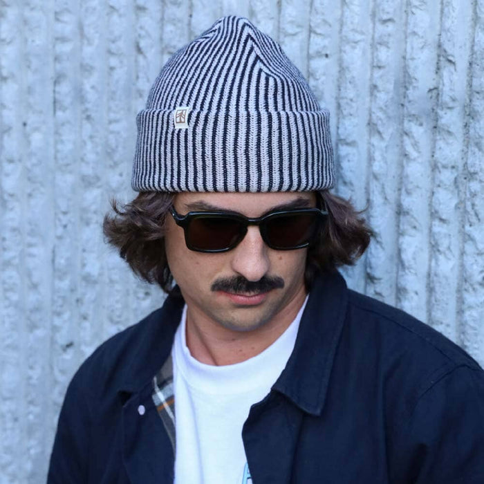Rustek Recycled Cotton Stripe Beanie | Black/Khaki