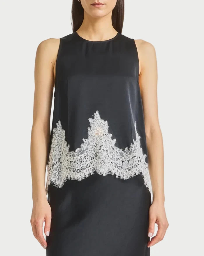 Black top with white lace details worn by a model on a gray background