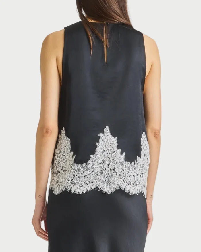 Woman wearing a black sleeveless top with white lace details on a plain background