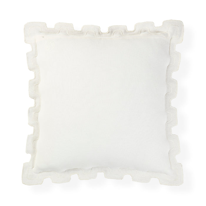A square white throw pillow with a decorative scalloped ruffled border, shown against a plain white background.